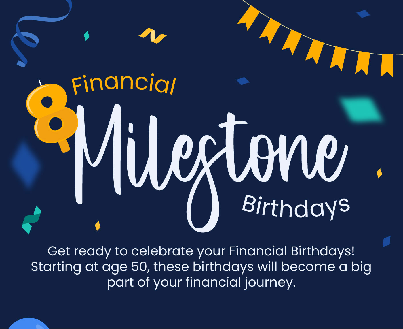 This infographic is composed of 9 images with accompanying text. The images are stacked vertically with the text surrounded by birthday-invitation themed backgrounds. The text at the very top reads 8 Financial Milestone Birthdays. The text underneath reads: Get ready to celebrate your Financial Birthdays! Starting at age 50, these birthdays will become a big part of your financial journey.