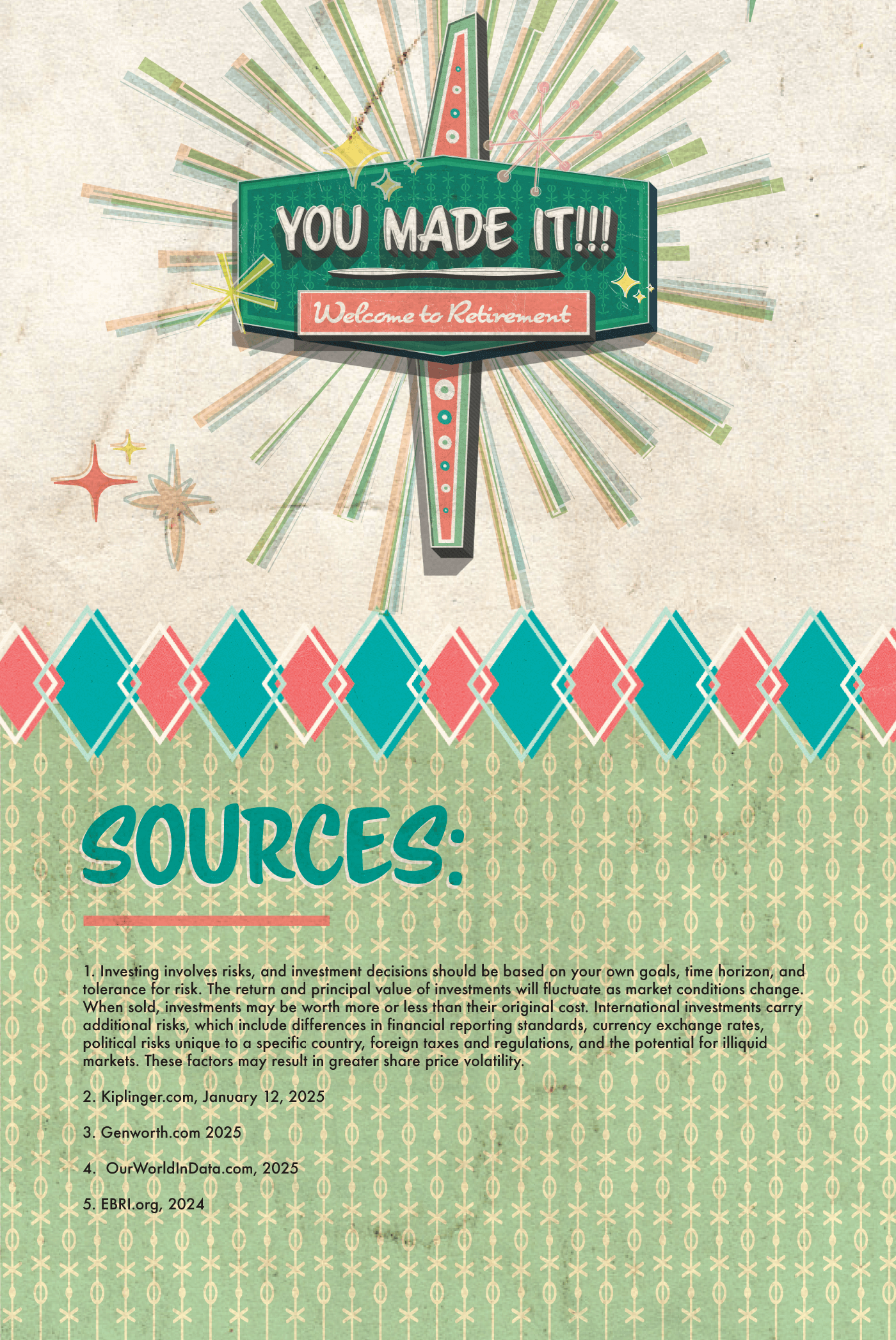 The game tiles end at a large sign at the center-bottom of the image. It is in the same retro style as the others and reads: You Made it! Welcome to Retirement. The sign has stylized beams of light coming out of the back and is surrounded by smaller illustrations of twinkling stars. A border of overlapping diamonds ends the bottom of the image.