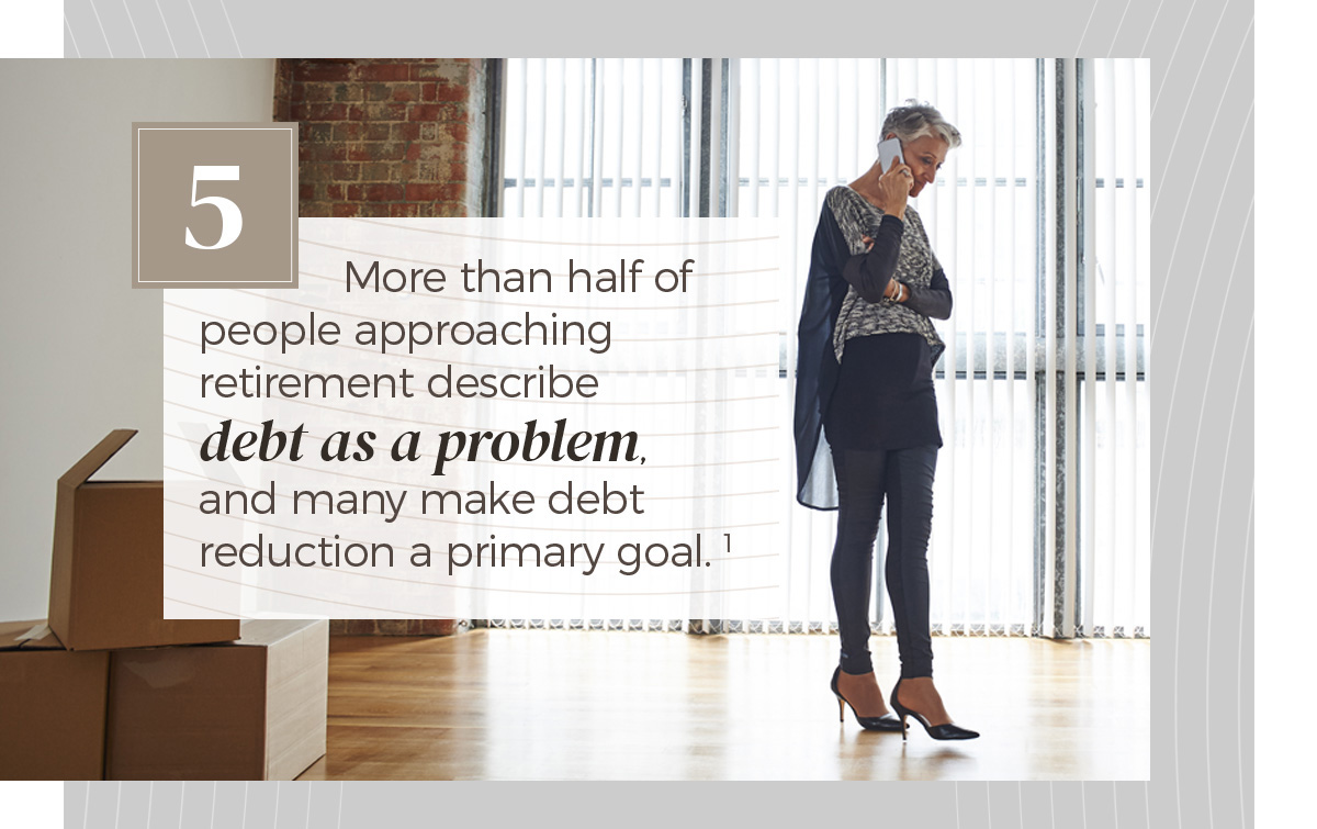 More than half of people approaching retirement describe debt as a problem, and many make debt reduction a primary goal. A comfortably yet elegantly dressed woman of mid-to-late middle age listens on a telephone while standing in a well-appointed apartment.