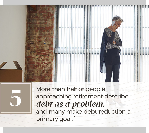 More than half of people approaching retirement describe debt as a problem, and many make debt reduction a primary goal. A comfortably yet elegantly dressed woman of mid-to-late middle age listens on a telephone while standing in a well-appointed apartment.