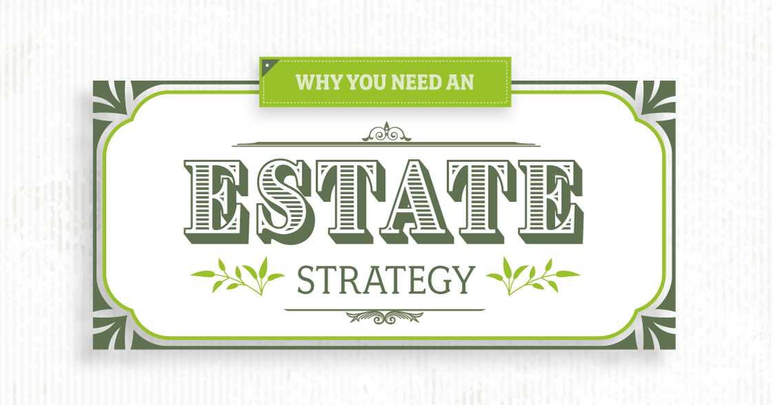 This is an Estate Strategy educational infographic with five numbered sections on a green background.