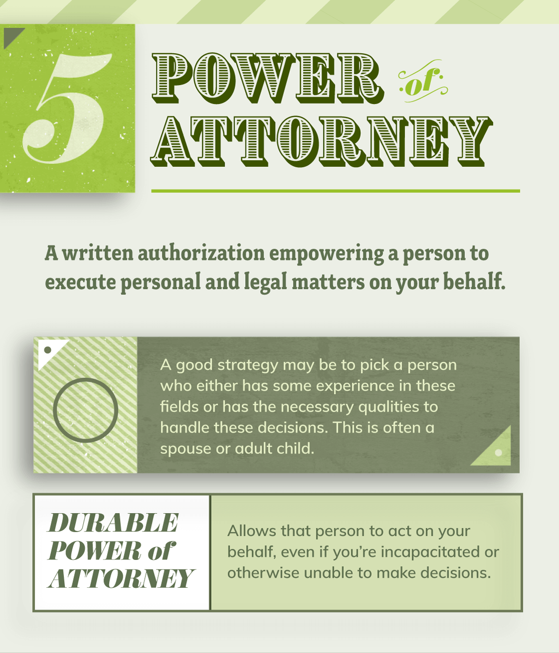 Section five explains Power of Attorney, specifically durable power of attorney documents. These function as a written authorization empowering a person to execute personal and legal matters on your behalf. A good strategy may be to pick a person who either has some experience in these fields or has the necessary qualities to handle these decisions. This is often a spouse or adult child.